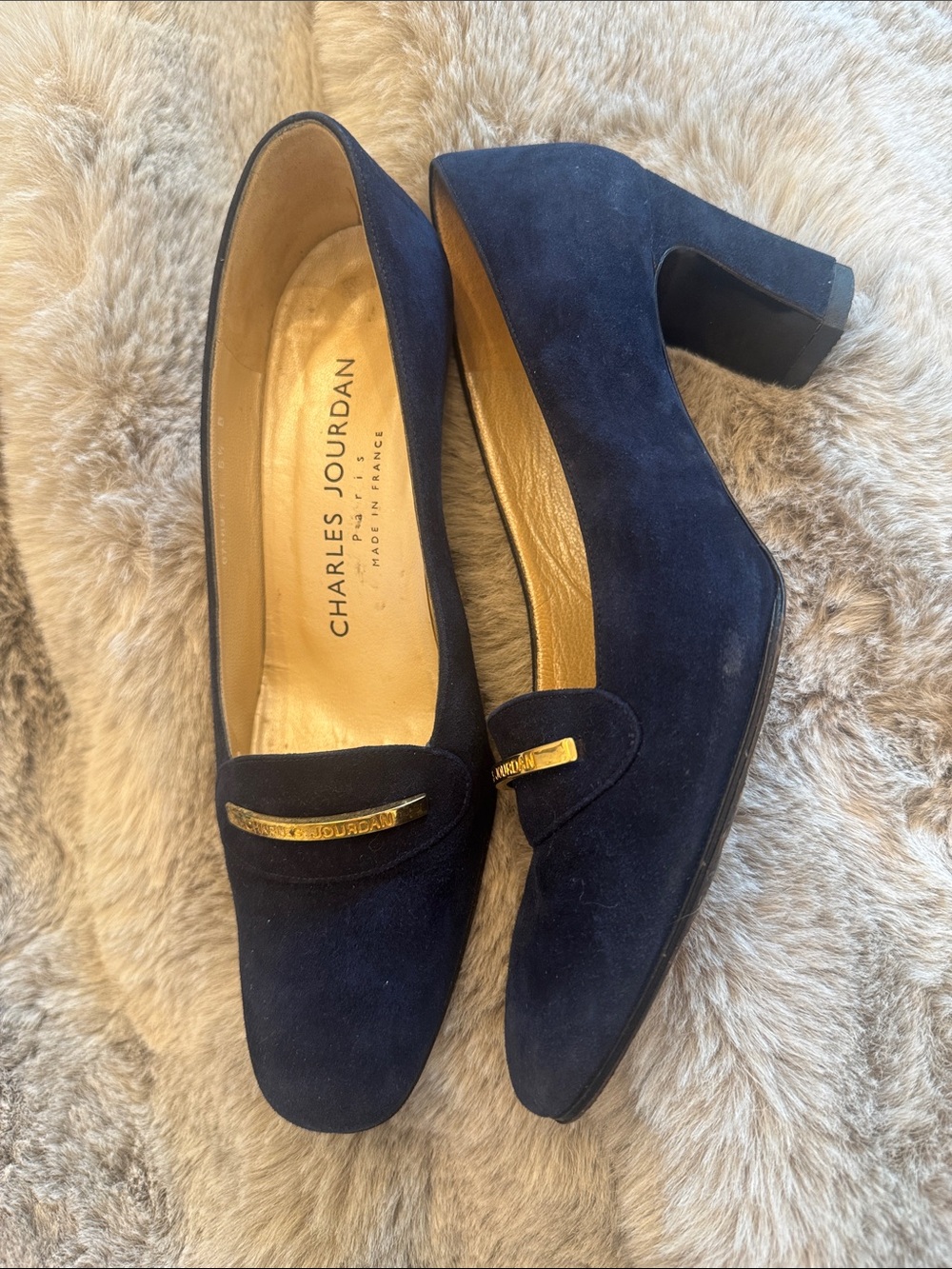 Charles Jourdan Navy Suede Loafers with Gold Accent Bar. Navy blue